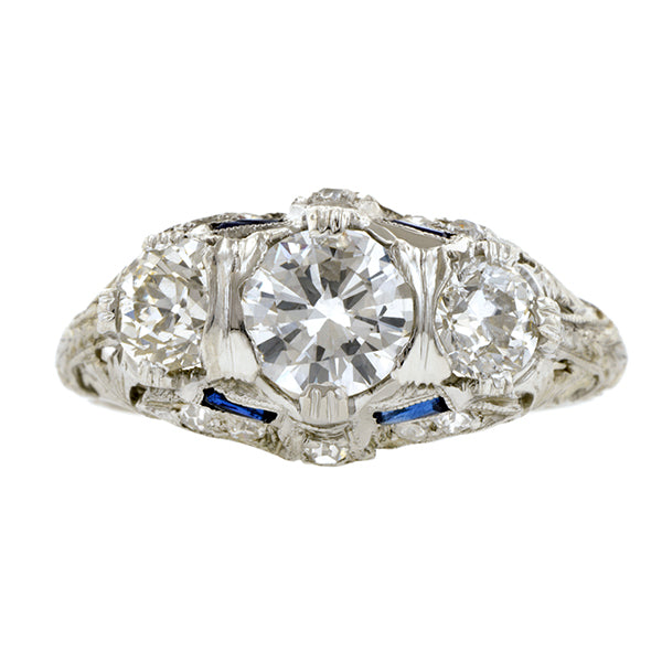 Art Deco Three Stone Diamond & Sapphire Ring, TRB 0.69ct:: Doyle & Doyle