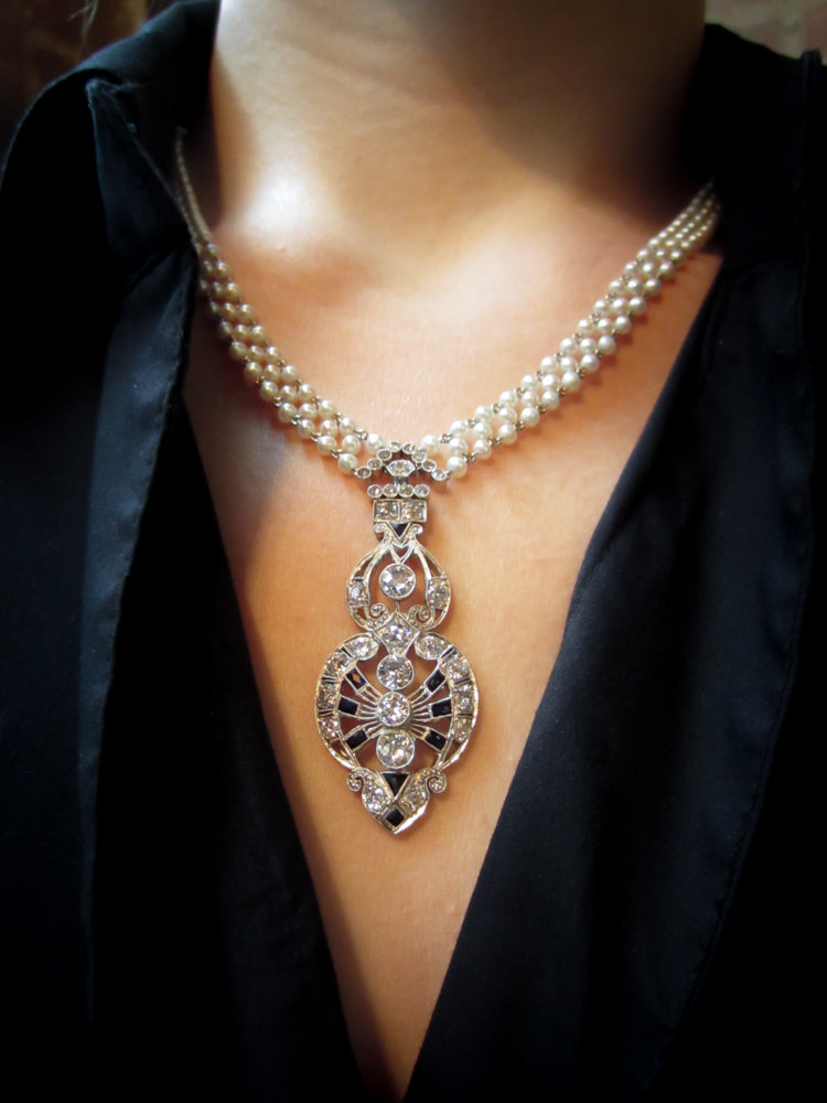 Art Deco Diamond Sapphire* & Pearl Sautoir Necklace