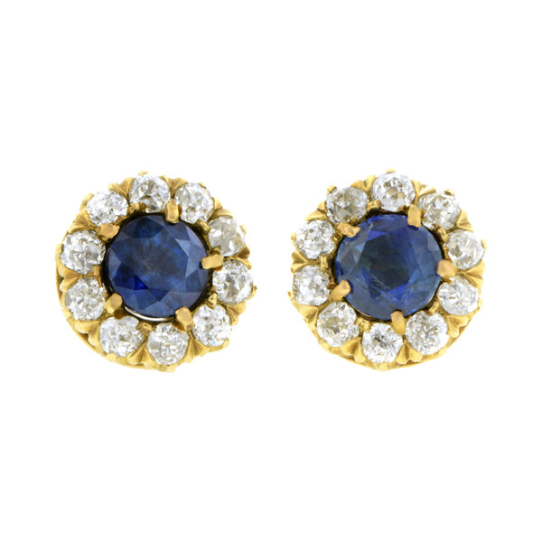 Antique Sapphire & Diamond Stud Earrings::