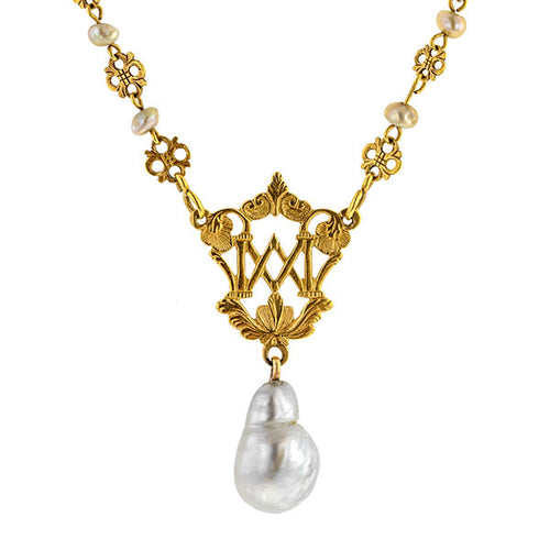 Victorian Baroque Pearl Drop Necklace with filigree and fresh water pearl chain, from Doyle & Doyle vintage and antique jewelry boutique.