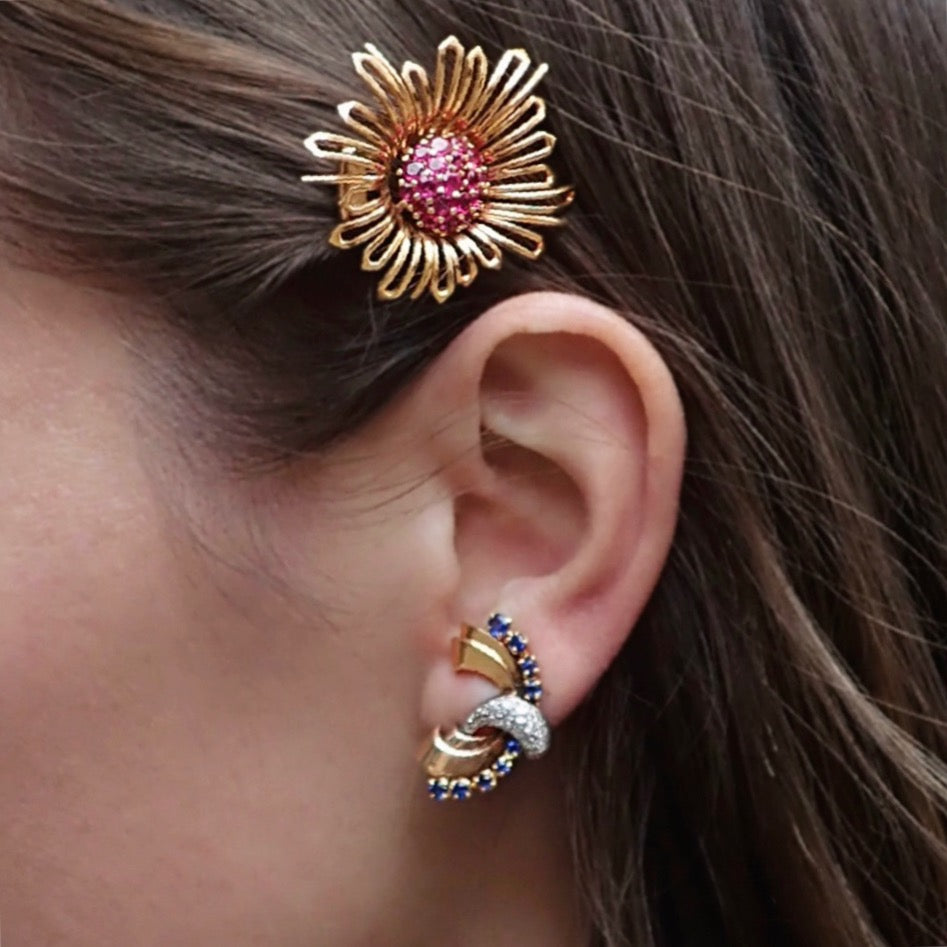 Vintage Ruby Cluster Flower Clip Brooch & Retro Sapphire & Diamond Scroll Earrings
