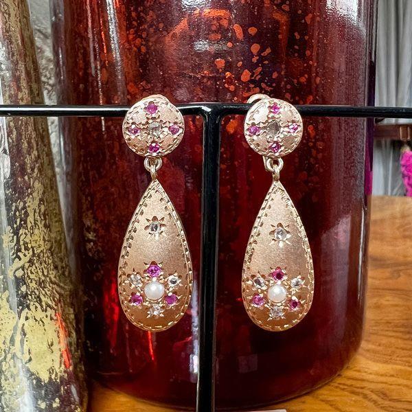Vintage Ruby & Diamond Drop Earrings sold by Doyle and Doyle an antique and vintage jewelry boutique