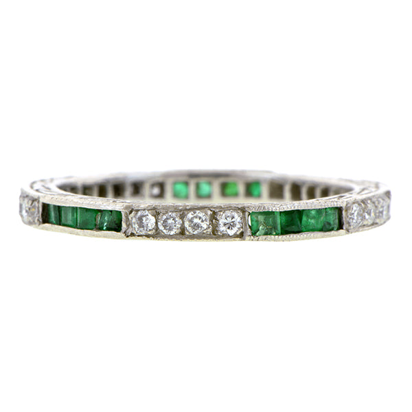 Vintage Emerald & Diamond Eternity Wedding Band Ring