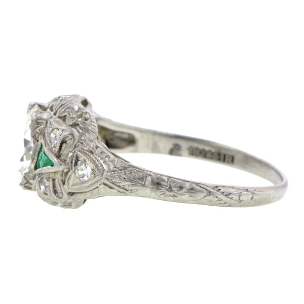 Art Deco Diamond & Emerald* Engagement Ring, TRB 1.06ct: