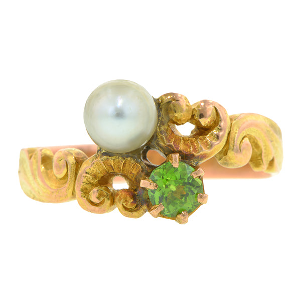 Art Nouveau Demantoid Garnet & Pearl Ring