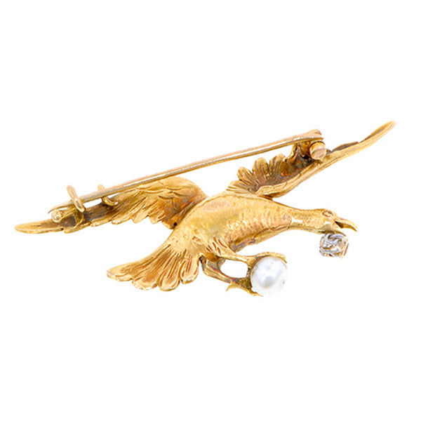 Antique Baroque Pearl & Diamond Bird Brooch:: Doyle & Doyle