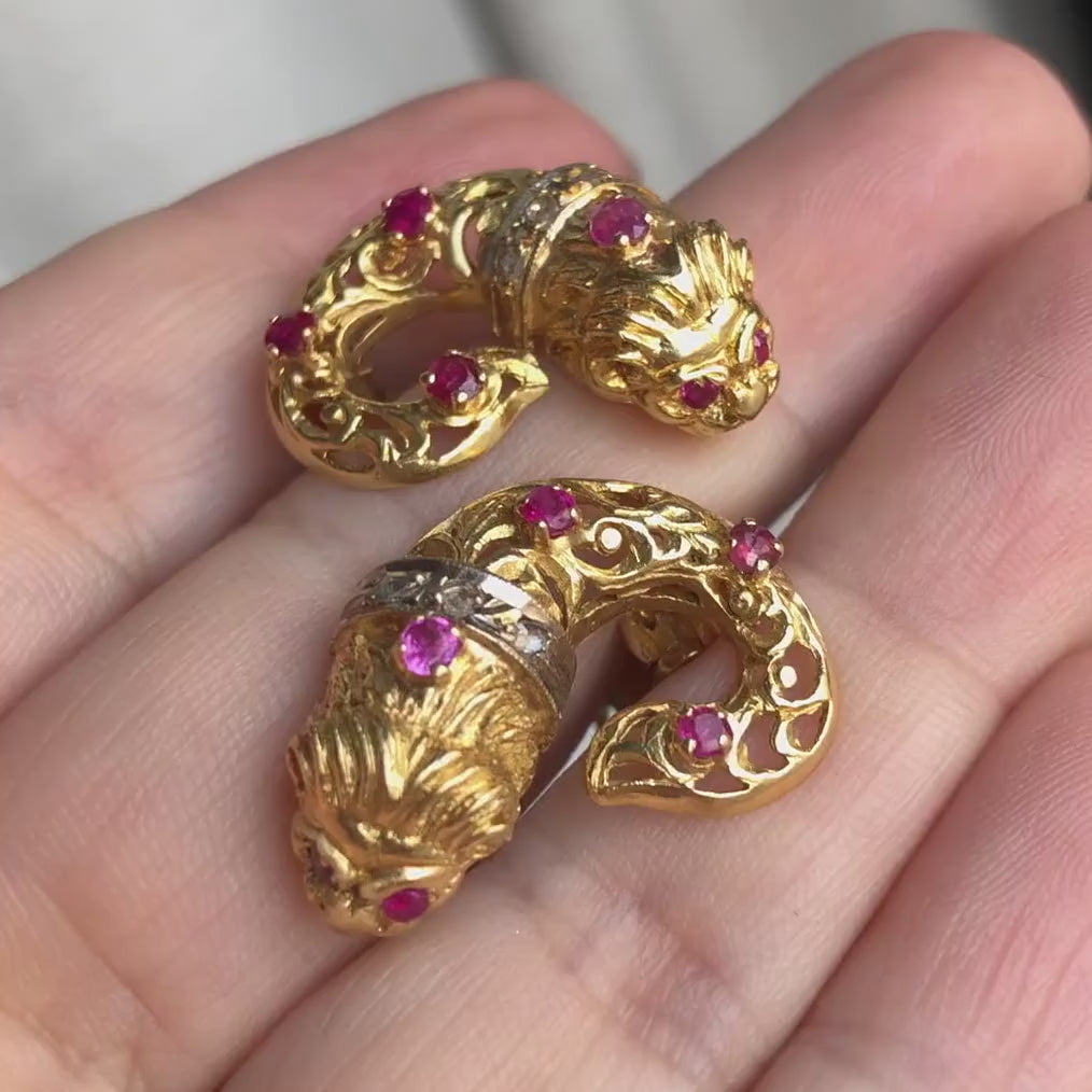 Vintage Ruby and Diamond Lion Earrings, from Doyle & Doyle antique and vintage jewelry boutique