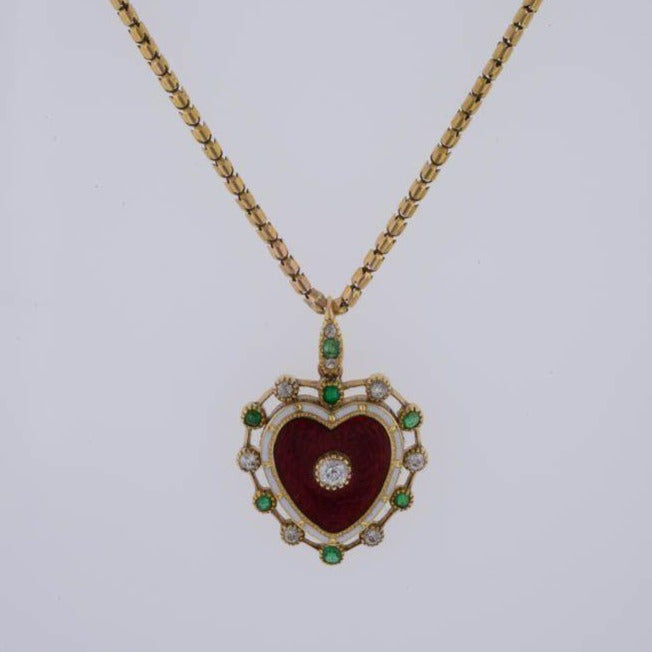 Victorian Diamond, Emerald & Enamel Heart Locket Pendant
