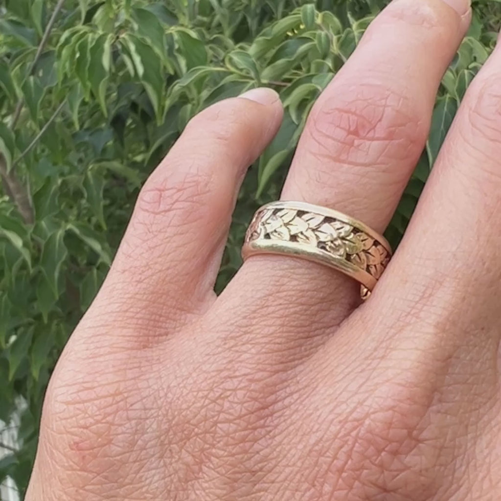 Vintage Leaf Patterned Gold Wedding Band  sold by Doyle and Doyle an antique and vintage jewelry boutique