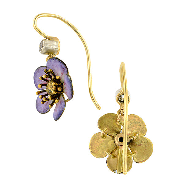 Victorian Enamel* & Diamond Flower Drop Earrings::Doyle & Doyle