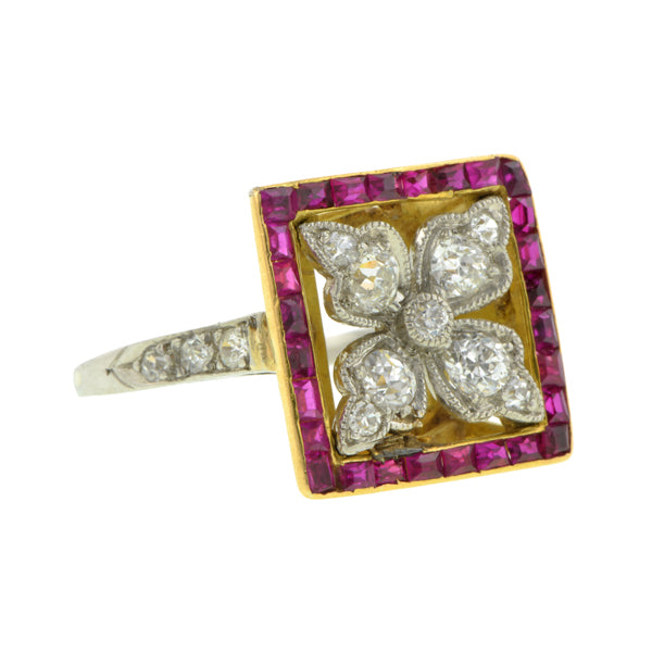 Edwardian Diamond & Ruby Flower Ring::