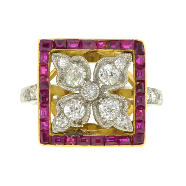 Edwardian Diamond & Ruby Flower Ring::
