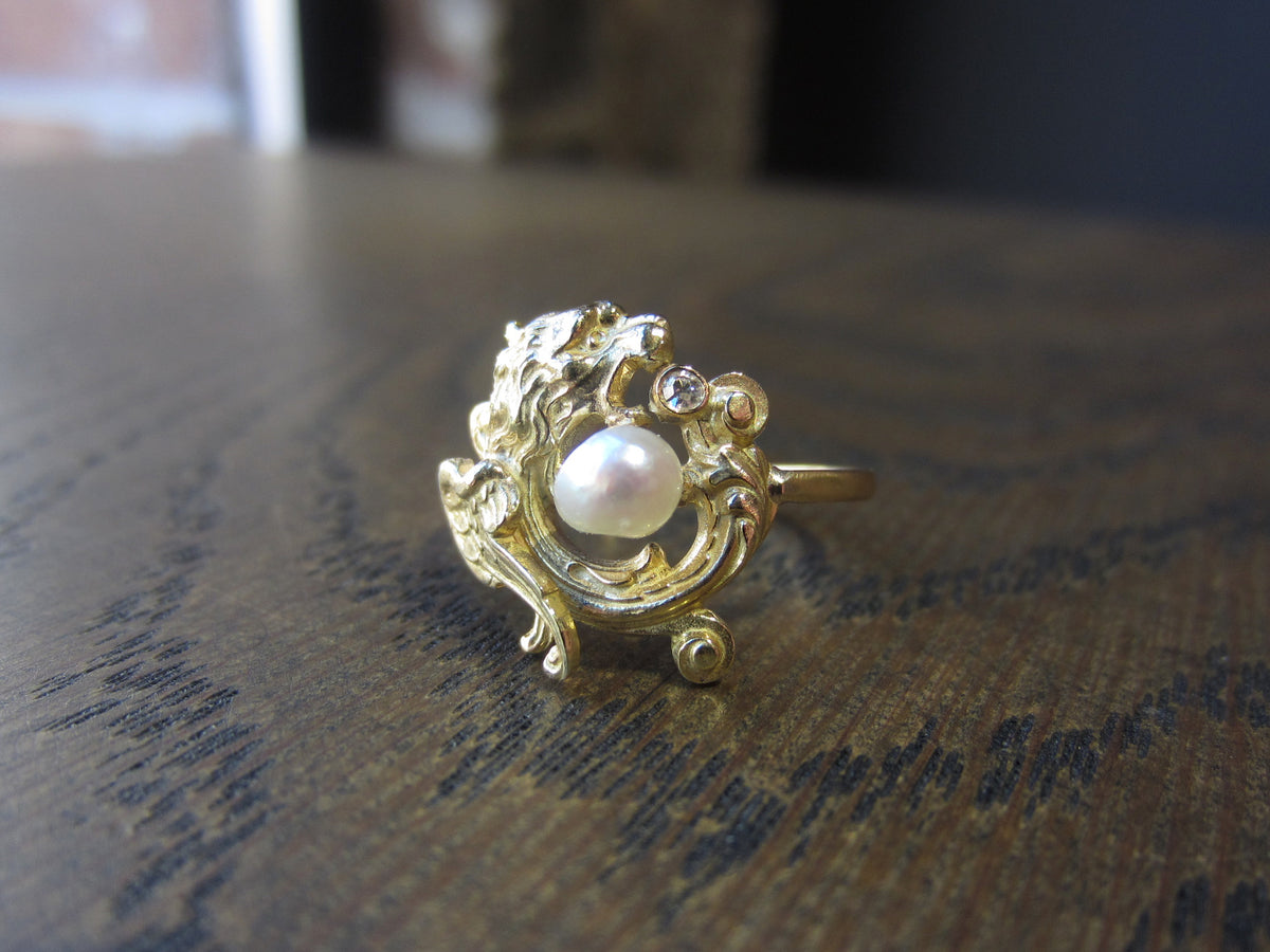 Art Nouveau Pearl & Diamond Griffin Ring:: Doyle & Doyle