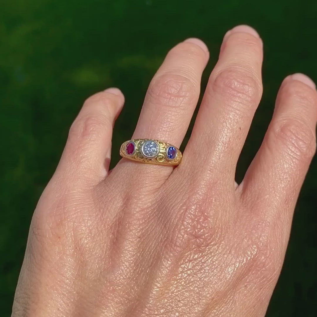 Victorian Diamond, Ruby, & Sapphire Gold Ring, sold by Doyle & Doyle antique and vintage jewelry boutique