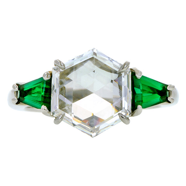 Vintage Diamond & Emerald Engagement Ring, Hexagonal 2.19ct :: Doyle & Doyle