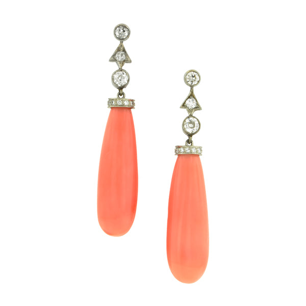 Vintage Coral & Diamond Drop Earrings::Doyle & Doyle