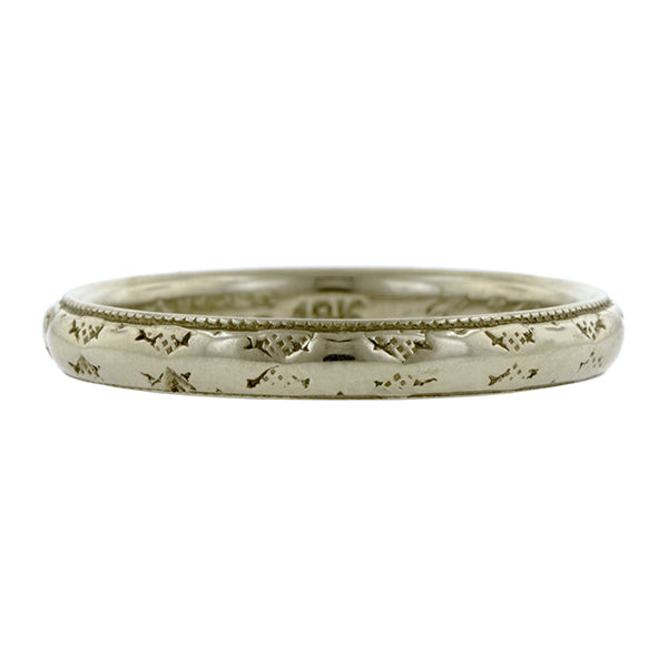 Vintage ring; a White Gold Patterned Wedding Band sold by Doyle & Doyle vintage and antique jewelry boutique.