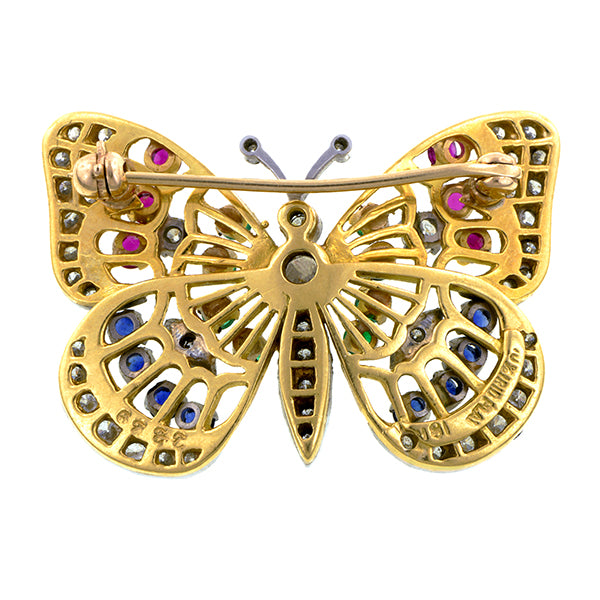 Vintage Diamond, Emerald, Ruby & Sapphire Butterfly Brooch:: Doyle & Doyle