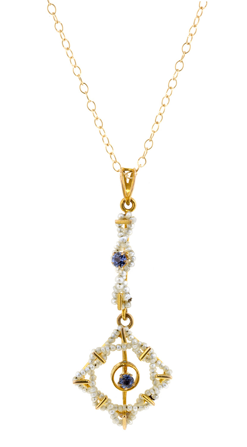 Edwardian Pearl & Sapphire Lavalier Necklace::Doyle & Doyle
