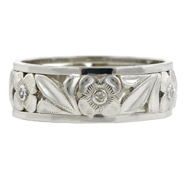 Vintage Diamond Band Ring with Flower Pattern, Platinum, sold by Doyle & Doyle vintage and antique jewelry boutique.