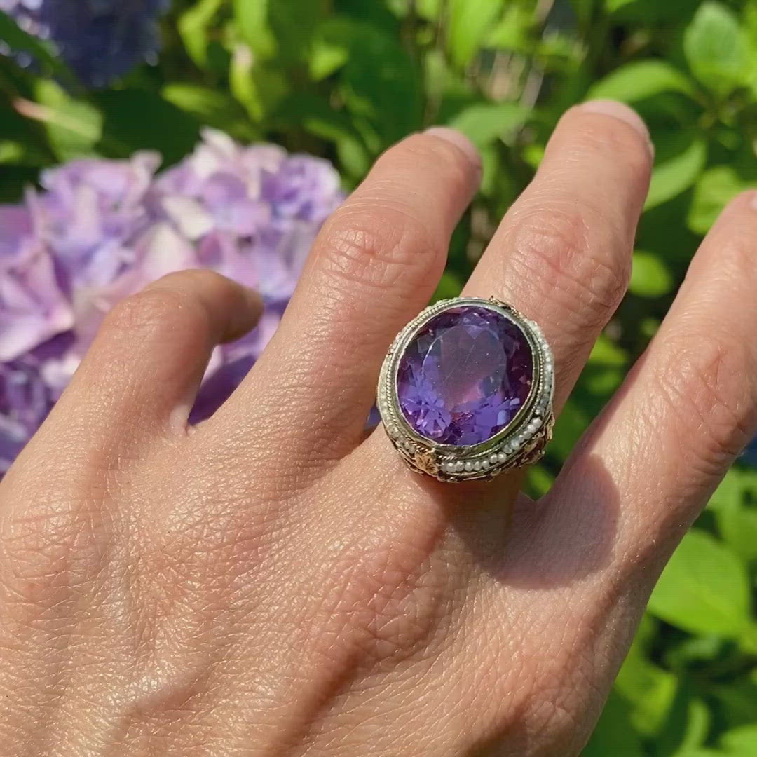 Vintage Amethyst & Pearl Filigree Ring from Doyle & Doyle antique and vintage jewelry boutique