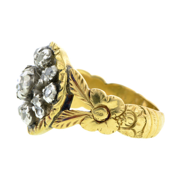Georgian ring: a Yellow Gold & Silver Rose Cut Diamond Cluster Engagement Ring sold by Doyle & Doyle vintage and antique jewelry boutique.