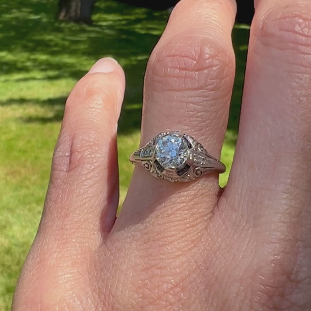 Art Deco Filigree Engagement Ring, TRB 0.72ct. sold by Doyle and Doyle an antique and vintage jewelry boutique