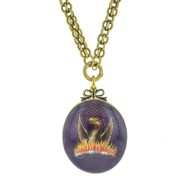 Painted Enamel Phoenix Locket with Painted Minature Portrait & Prince of Wales Hair Plumes