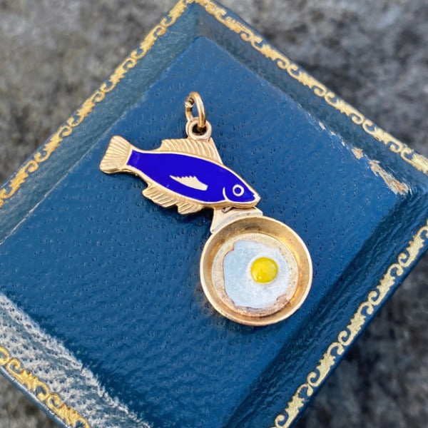 Vintage Enamel Fish & Fried Egg Charm Pendant sold by Doyle and Doyle an antique and vintage jewelry boutique