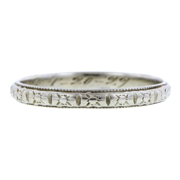Art Deco ring: a White Gold Patterned Wedding Band sold by Doyle & Doyle vintage and antique jewelry boutique.