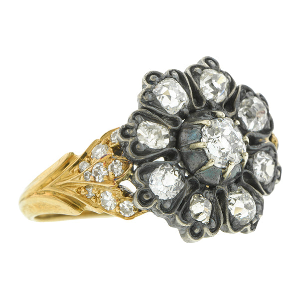 Georgian ring: a Yellow Gold And Silver Diamond Cluster Engagement Ring sold by Doyle & Doyle vintage and antique jewelry boutique.