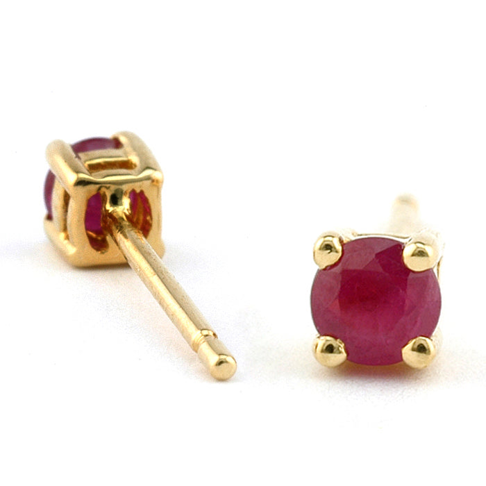 Round Ruby Stud Earrings,  3mm Yellow Gold