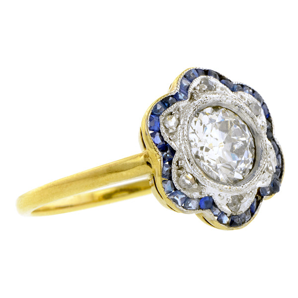 Edwardian Diamond & Sapphire Flower Ring, Old Euro:: Doyle & Doyle