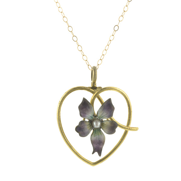 Art Nouveau Enamel Violet Pearl Heart Pendant