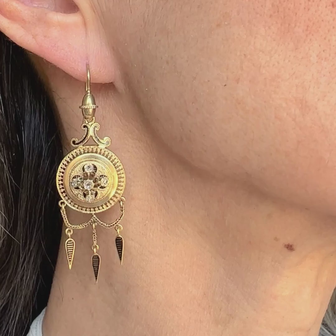Victorian Gold Enamel Diamond Drop Earrings, from Doyle & Doyle antique and vintage jewelry boutique