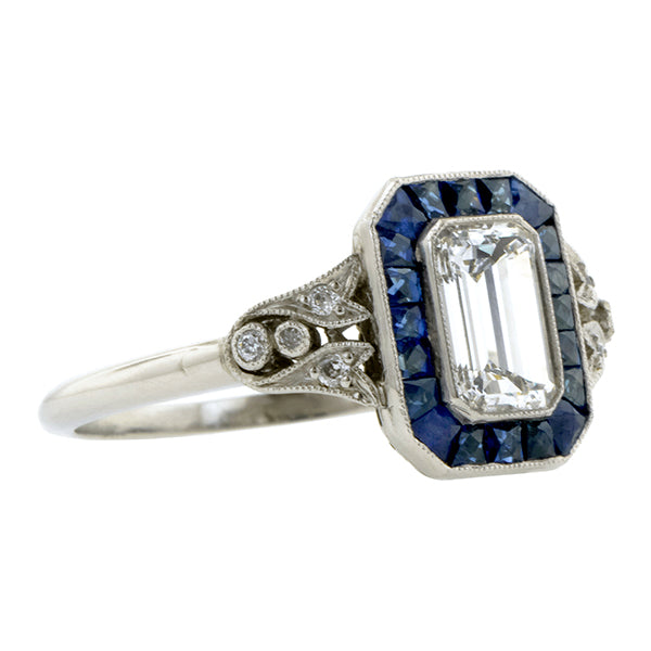 Estate Emerald cut Diamond and Sapphire Engagment Ring, 0.92ct:: Doyle & Doyle