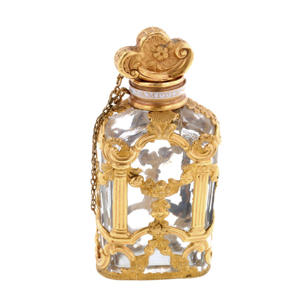 Antique Gold and Glass Scent Bottle with enamel inscription, from Doyle & Doyle antique and vintage jewelry