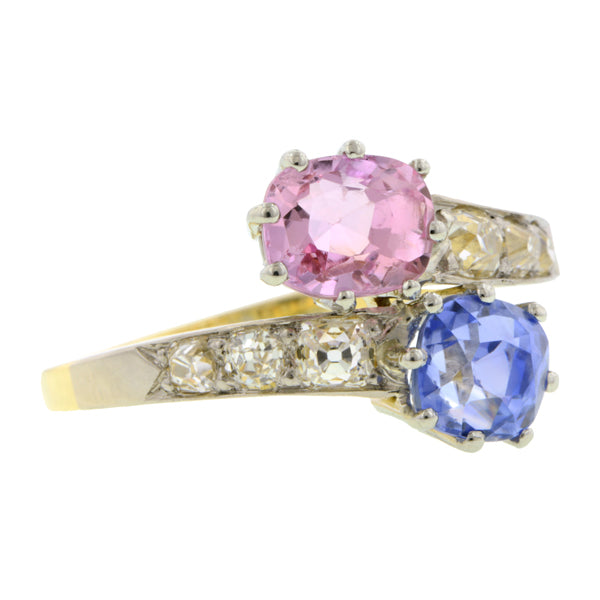 Antique Ring, a yellow gold ring with Pink & Blue Sapphires and Old Mine cut diamonds, sold by Doyle & Doyle an antique & vintage jewelry boutique.