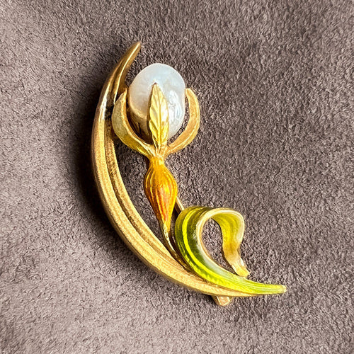 Vintage Pearl & Enamel Flower Crescent Pin hallmarked for Krementz, from Doyle & Doyle antique and vintage jewelry boutique