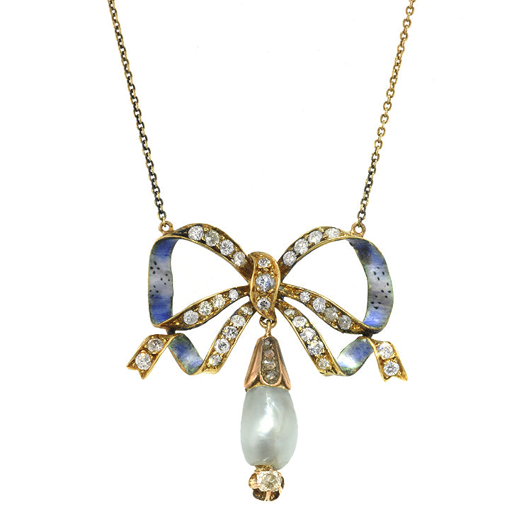 Vintage Enamel Pearl & Diamond Bow Necklace, from Doyle & Doyle vintage and antique jewelry