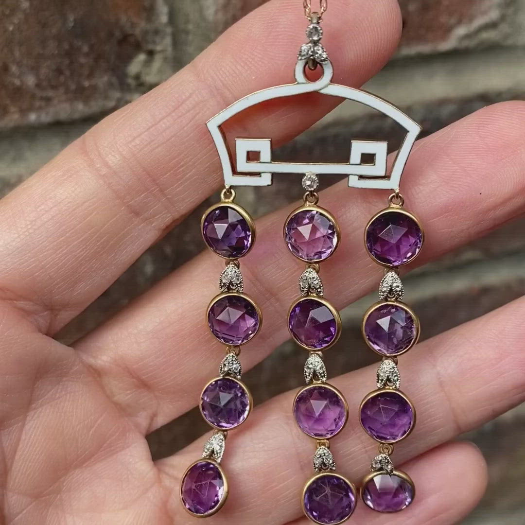Vintage Enamel Amethyst & Diamond Pendant sold by Doyle and Doyle an antique and vintage jewelry boutique