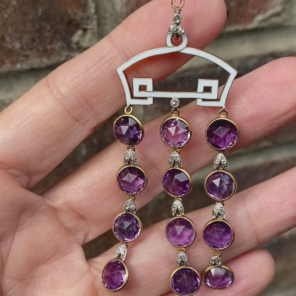 Vintage Enamel Amethyst & Diamond Pendant sold by Doyle and Doyle an antique and vintage jewelry boutique