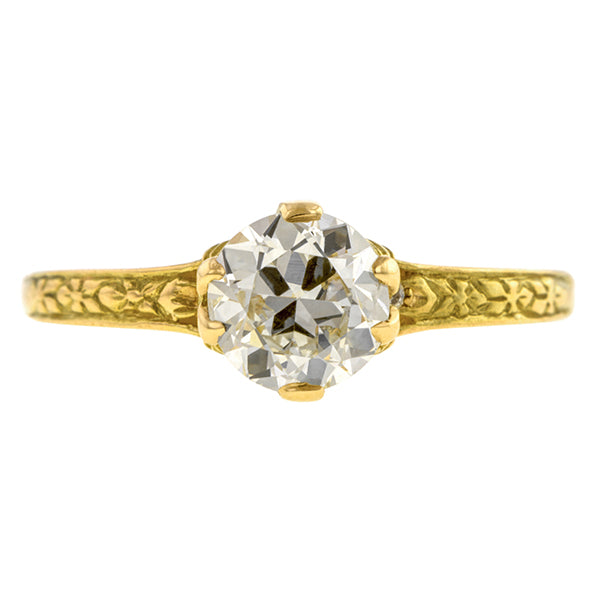 Contemporary ring: a Yellow Gold Flower Shaped Old European Cut Diamond Heirloom Engagement ring sold by Doyle & Doyle vintage and antique jewelry boutique.       