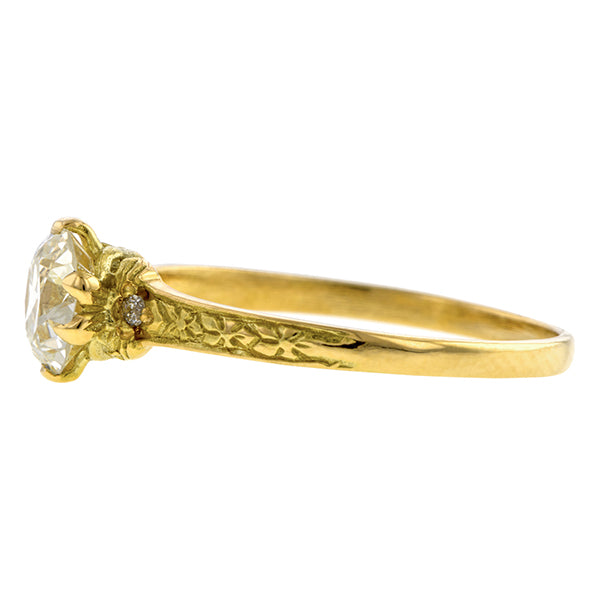 Contemporary ring: a Yellow Gold Flower Shaped Old European Cut Diamond Heirloom Engagement ring sold by Doyle & Doyle vintage and antique jewelry boutique.  