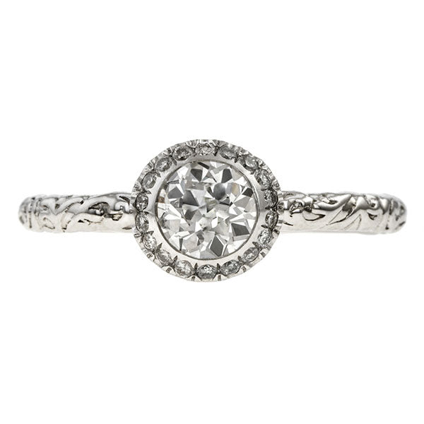 Contemporary ring: Diamond Frame Engagement Ring, Old Euro 0.50ct- Heirloom sold by Doyle & Doyle vintage and antique jewelry boutique.