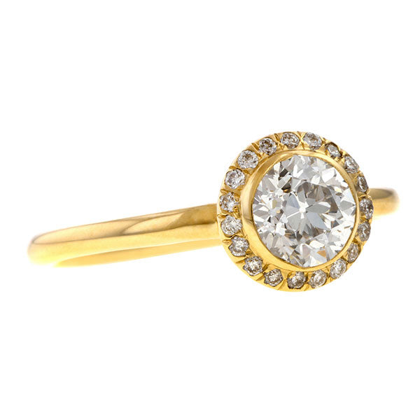 Contemporary ring: a Yellow Gold Diamond Frame Engagement Ring-Heirloom Old Euro 0.74ct sold  by Doyle & Doyle vintage and antique jewelry boutique.