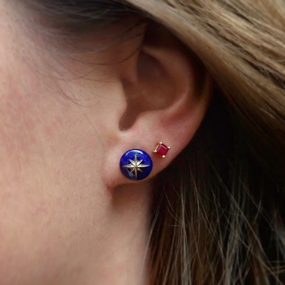 Square Ruby Stud Earrings & North Star Lapis Star Earrings- Heirloom by Doyle & Doyle