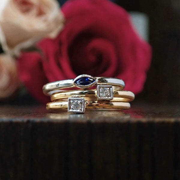 Diamond and marquise sapphire stack rings from Heirloom by Doyle & Doyle New York