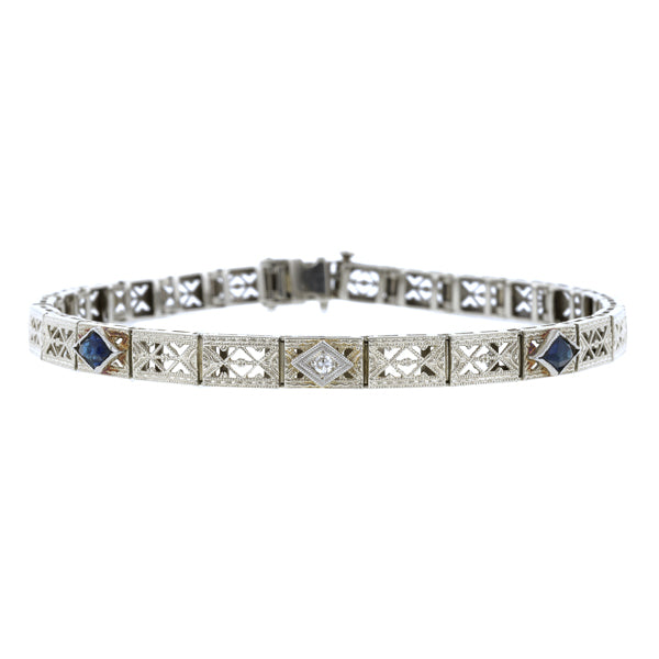 Art Deco Filigree Diamond & Sapphire Bracelet:: Doyle & Doyle