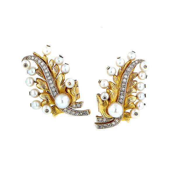Vintage Pearl* & Diamond Feather Earrings